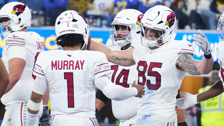 Dec 28, 2024; Inglewood, California, USA; Arizona Cardinals tight end Trey McBride (85) celebrates with quarterback Kyler Murray (1) after catching a 1-yard touchdown pass against the Los Angeles Rams in the second half at SoFi Stadium. Mandatory Credit: Kirby Lee-Imagn Images