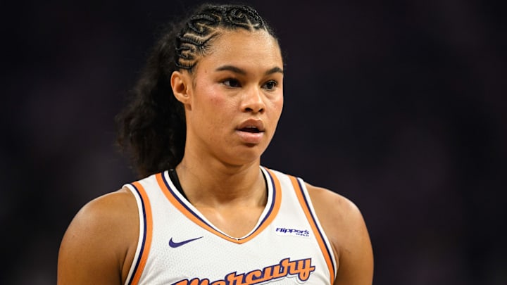 Aug 19, 2025; San Francisco, California, USA; Phoenix Mercury forward Satou Sabally (0) looks on against the Golden State Valkyries in the first quarter at Chase Center. Mandatory Credit: Eakin Howard-Imagn Images