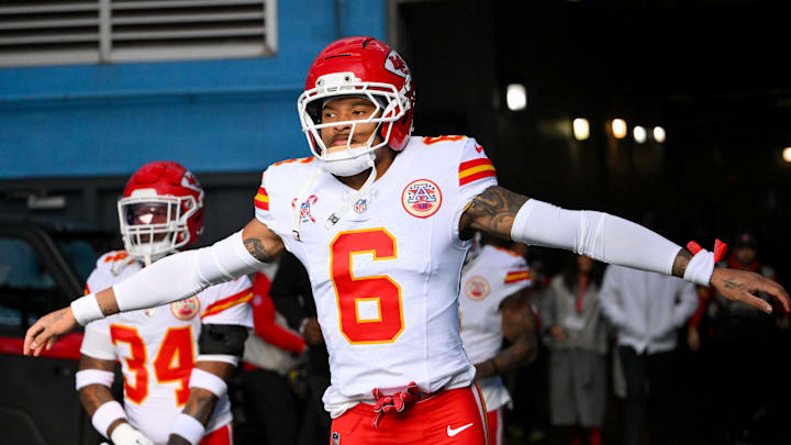 Dec 21, 2025; Nashville, Tennessee, USA;  Kansas City Chiefs safety Bryan Cook (6) runs to the field against the Tennessee Titans during pre-game warmups at Nissan Stadium. Mandatory Credit: Steve Roberts-Imagn Images