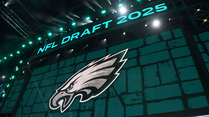Apr 24, 2025; Green Bay, WI, USA; The Philadelphia Eagles logo is projected on the video board during the NFL Draft at Lambeau Field. Mandatory Credit: Kirby Lee-Imagn Images