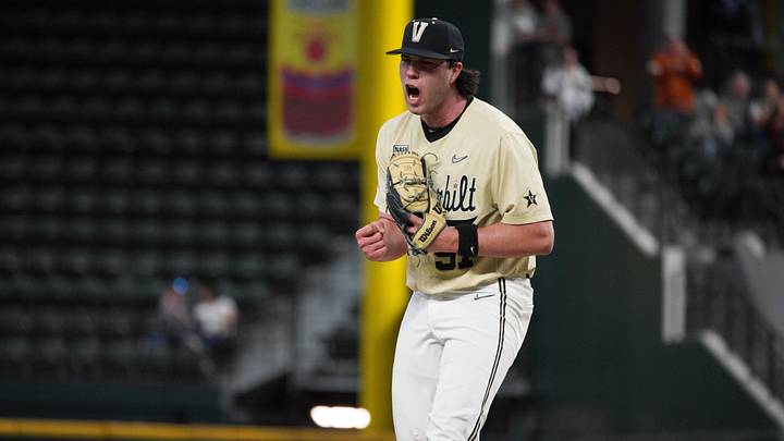 Feb 19, 2023; Arlington, TX, USA; Vanderbilt Commodores pitcher Bryce Cunningham (97) celebrates the final out of a 12-2 win against the Texas Longhorns at Globe Life Field. Mandatory Credit: Dustin Safranek-USA TODAY Sports Feb 19, 2023; Arlington, TX, USA; Vanderbilt Commodores pitcher Bryce Cunningham (97) celebrates the final out of a 12-2 win against the Texas Longhorns at Globe Life Field. Mandatory Credit: Dustin Safranek-USA TODAY Sports