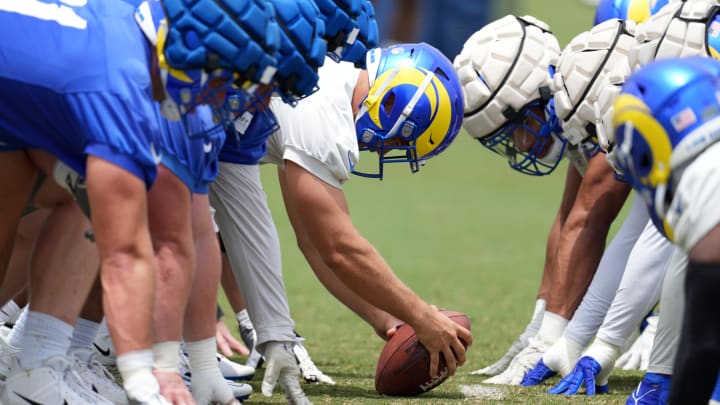 Jun 14, 2023; Thousand Oaks, CA, USA; Los Angeles Rams players wearing Guardian helmet caps.