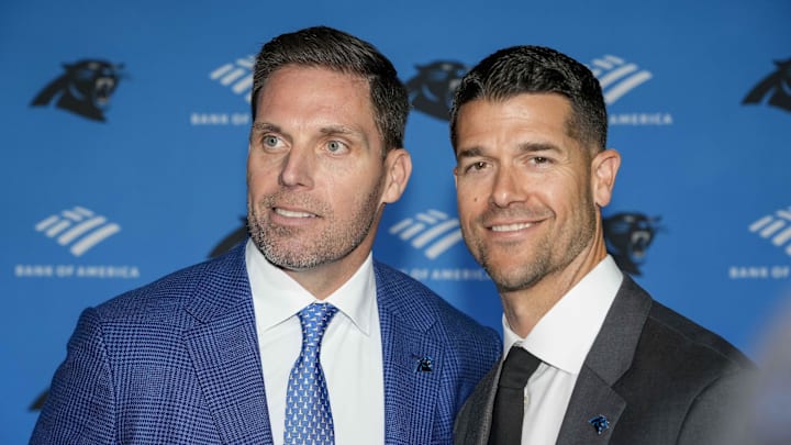 Feb 1, 2024; Charlotte, NC, USA; Carolina Panthers new general manager Dan Morgan and new head coach Dave Canales stand for a photo during the introductory press conference at Bank of America Stadium. Mandatory Credit: Jim Dedmon-Imagn Images Feb 1, 2024; Charlotte, NC, USA; Carolina Panthers new general manager Dan Morgan and new head coach Dave Canales stand for a photo during the introductory press conference at Bank of America Stadium. Mandatory Credit: Jim Dedmon-Imagn Images
