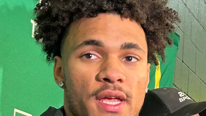 Tight end Kenyon Sadiq speaks to the media in Eugene at Oregon's Pro Day.