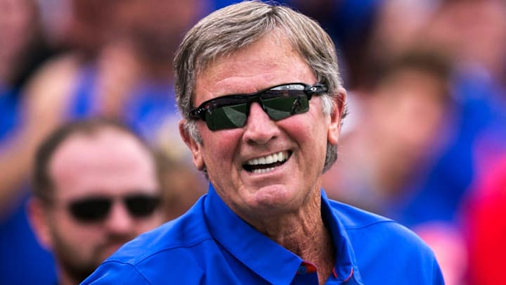 Former Florida head coach Steve Spurrier is acknowledged for his recent induction into the college football hall of fame during the game against the Tennessee Volunteers Saturday, September 16, 2017 at Ben Hill Griffin Stadium in Gainesville, Florida. The Gators beat the Volunteers 26-20. [Cyndi Chambers/ Gainesville Sun/Correspondent] 2017