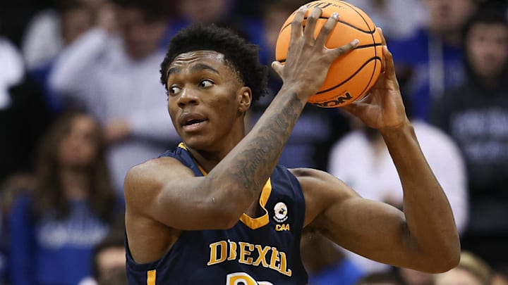 Dec 14, 2022; Newark, New Jersey, USA; Drexel Dragons forward Amari Williams (22) secures the ball Dec 14, 2022; Newark, New Jersey, USA; Drexel Dragons forward Amari Williams (22) secures the ball