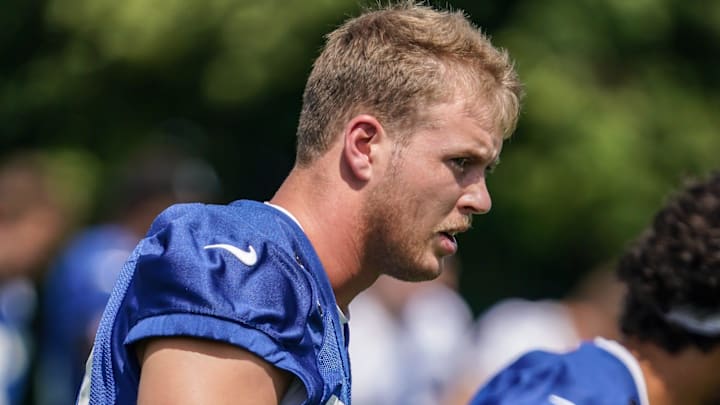 Indianapolis Colts Player Hunter Wohler (30) stretches with team mates during the Colts training camp at Grand Park on Saturday, July 26, 2025, in Westfield, Ind.