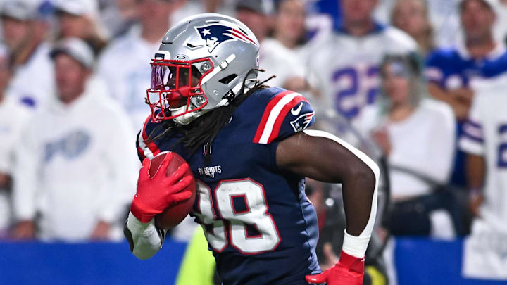 Oct 5, 2025; Orchard Park, New York, USA; New England Patriots running back Rhamondre Stevenson (38) returns a kickoff against the Buffalo Bills in the third quarter at Highmark Stadium. Mandatory Credit: Mark Konezny-Imagn Images