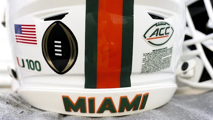 Dec 20, 2025; College Station, TX, USA; A detail view of a decal displaying the College Football Playoff logo on a Miami Hurricanes helmet prior to the game against the Texas A&M Aggies at Kyle Field. Mandatory Credit: Maria Lysaker-Imagn Images