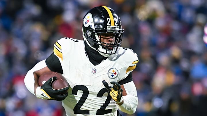 Jan 15, 2024; Orchard Park, New York, USA; Pittsburgh Steelers running back Najee Harris (22) runs Jan 15, 2024; Orchard Park, New York, USA; Pittsburgh Steelers running back Najee Harris (22) runs