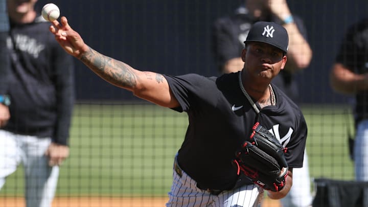 Feb 15, 2025; Tampa, FL, USA; New York Yankees starting pitcher Luis Gil (81) participates in spring training workouts at George M. Steinbrenner Field. Mandatory Credit: Nathan Ray Seebeck-Imagn Images