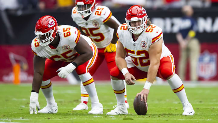 Sep 11, 2022; Glendale, Arizona, USA; Kansas City Chiefs guard Trey Smith (65) and center Creed Humphrey (52) against the Arizona Cardinals at State Farm Stadium. Mandatory Credit: Mark J. Rebilas-Imagn Images