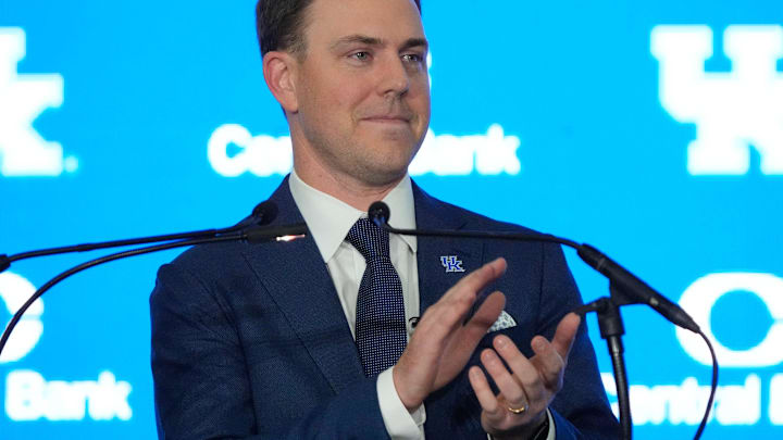 New Kentucky Wildcat head coach Will Stein makes remarks as he is introduced at Kentucky on Wednesday, December 3, 2025