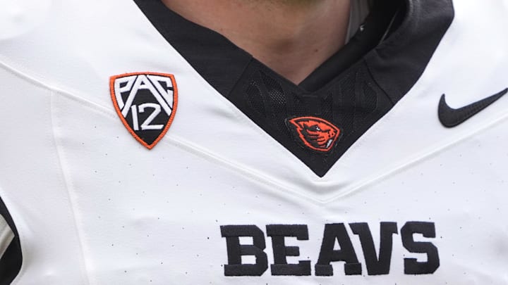 Oct 26, 2024; Berkeley, California, USA; A view of the Pac-12 logo on the jersey of Oregon State Beavers punter Josh Green (37) during the second quarter against the California Golden Bears at California Memorial Stadium. Mandatory Credit: Darren Yamashita-Imagn Images