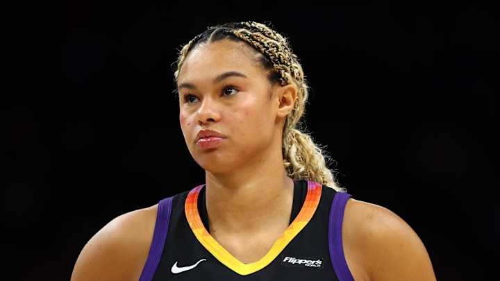 Sep 9, 2025; Phoenix, Arizona, USA; Phoenix Mercury forward Satou Sabally (0) against the Los Angeles Sparks during the second half of a WNBA game at PHX Arena. Mandatory Credit: Mark J. Rebilas-Imagn Images