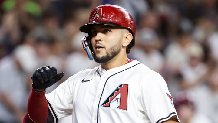 Sep 23, 2025; Phoenix, Arizona, USA; Arizona Diamondbacks catcher Adrian Del Castillo rounds the bases after hitting a home run against the Los Angeles Dodgers at Chase Field. Mandatory Credit: Mark J. Rebilas-Imagn Images

