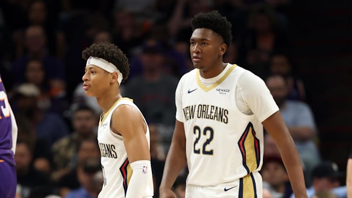 Nov 10, 2025; Phoenix, Arizona, USA; New Orleans Pelicans guard Jeremiah Fears (0) and center Derik Queen (22) against the Phoenix Suns at the Mortgage Matchup Center. Mandatory Credit: Mark J. Rebilas-Imagn Images