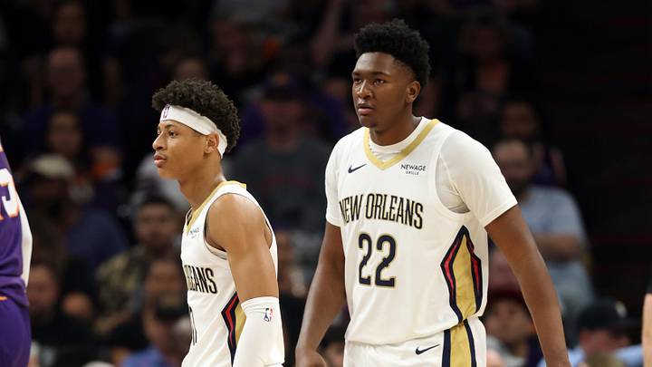 Nov 10, 2025; Phoenix, Arizona, USA; New Orleans Pelicans guard Jeremiah Fears (0) and center Derik Queen (22) against the Phoenix Suns at the Mortgage Matchup Center. Mandatory Credit: Mark J. Rebilas-Imagn Images Nov 10, 2025; Phoenix, Arizona, USA; New Orleans Pelicans guard Jeremiah Fears (0) and center Derik Queen (22) against the Phoenix Suns at the Mortgage Matchup Center. Mandatory Credit: Mark J. Rebilas-Imagn Images