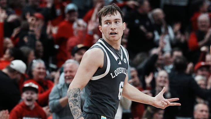 Louisville's Reyne Smith (6) signaled the three after he hit a three-point shot against Wake Forest during their game at the KFC Yum! Center in Louisville, Ky. on Jan. 28, 2025