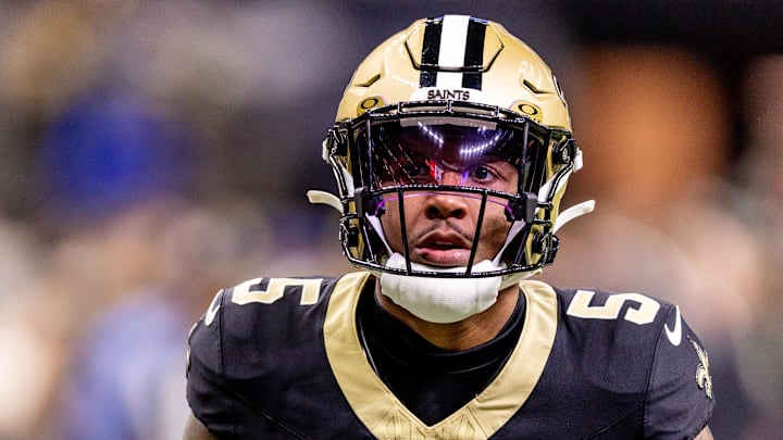Dec 29, 2024; New Orleans, Louisiana, USA;  New Orleans Saints cornerback Will Harris (5) during warm ups against the Las Vegas Raiders at Caesars Superdome. Mandatory Credit: Stephen Lew-Imagn Images