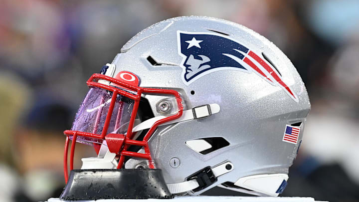 Aug 10, 2023; Foxborough, Massachusetts, USA; A New England Patriots helmet sits on the sideline during the first half against the Houston Texans at Gillette Stadium. Mandatory Credit: Eric Canha-Imagn Images