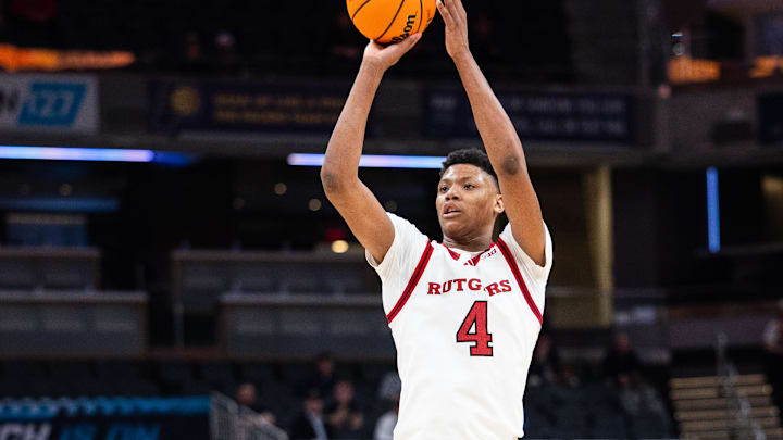 Mar 12, 2025; Indianapolis, IN, USA;  Rutgers Scarlet Knights guard Ace Bailey (4) shoots the ball in the second half against the USC Trojans at Gainbridge Fieldhouse. Mandatory Credit: Trevor Ruszkowski-Imagn Images