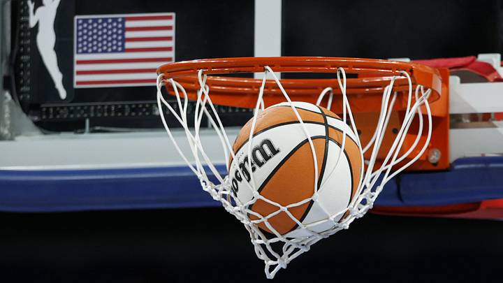 Aug 3, 2025; Chicago, Illinois, USA; Wilson basketball is seen next to WNBA logo before a game between the Chicago Sky and Phoenix Mercury at Wintrust Arena. Mandatory Credit: Kamil Krzaczynski-Imagn Images