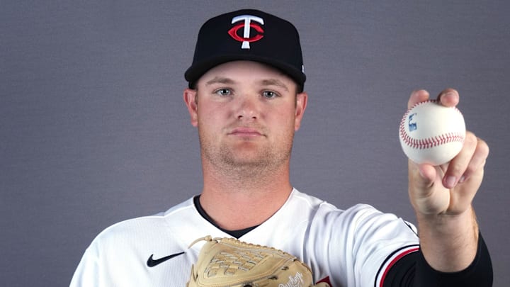 Feb 19, 2026; Lee County, FL, USA;  Minnesota Twins pitcher Connor Prielipp (61) poses during photo day at Hammond Stadium. Mandatory Credit: Jim Rassol-Imagn Images