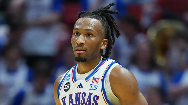Kansas Jayhawks guard Darryn Peterson (22) looks on in the first half against the California Baptist Lancers during a first round game of the men's 2026 NCAA Tournament at Viejas Arena.