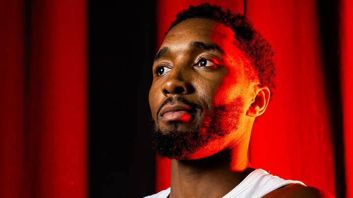 Sep 28, 2026; Cleveland, OH, USA; Cleveland Cavaliers guard Donovan Mitchell (45) poses for a photo during media day at Rocket Arena. Mandatory Credit: Ken Blaze-Imagn Images
