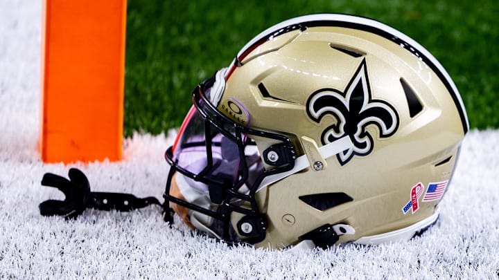 Detailed view of the New Orleans Saints football helmet before the game against the Carolina Panthers.