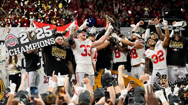 Ohio State Buckeyes celebrate their 34-23 win over Notre Dame Fighting Irish to win the College Football Playoff National Championship at Mercedes-Benz Stadium in Atlanta on January 20, 2025.