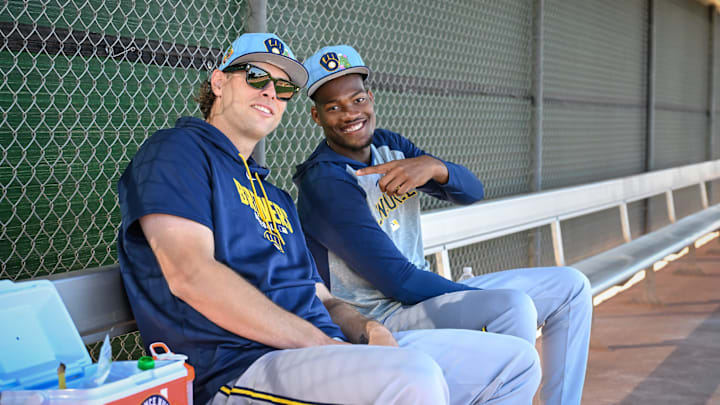 Milwaukee Brewers pitchers Trevor Megill, left, and pitcher Abner Uribe talk in the dugout during spring training workouts Saturday, February 14, 2026, at American Family Fields of Phoenix in Phoenix, Arizona. Milwaukee Brewers pitchers Trevor Megill, left, and pitcher Abner Uribe talk in the dugout during spring training workouts Saturday, February 14, 2026, at American Family Fields of Phoenix in Phoenix, Arizona.