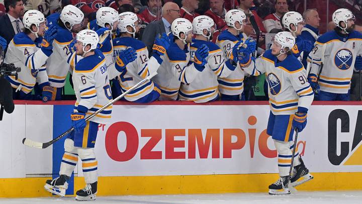 May 12, 2026; Montreal, Quebec, CAN; Buffalo Sabres forward Zach Benson (6) celebrates with teammates including forward Josh Doan (91) after scoring a goal against the Montreal Canadiens during the third period in game four of the second round of the 2026 Stanley Cup Playoffs at Bell Centre. Mandatory Credit: Eric Bolte-Imagn Images May 12, 2026; Montreal, Quebec, CAN; Buffalo Sabres forward Zach Benson (6) celebrates with teammates including forward Josh Doan (91) after scoring a goal against the Montreal Canadiens during the third period in game four of the second round of the 2026 Stanley Cup Playoffs at Bell Centre. Mandatory Credit: Eric Bolte-Imagn Images