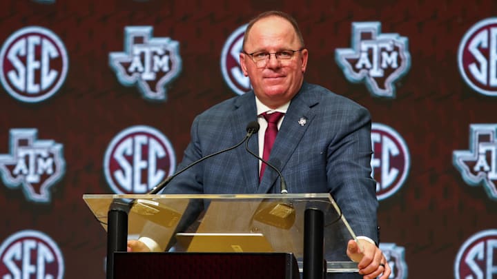 Jul 17, 2025; Atlanta, GA, USA; Texas A&M Aggies head coach Mike Elko talks to the media during the SEC Media Days at Omni Atlanta Hotel. Mandatory Credit: Jordan Godfree-Imagn Images