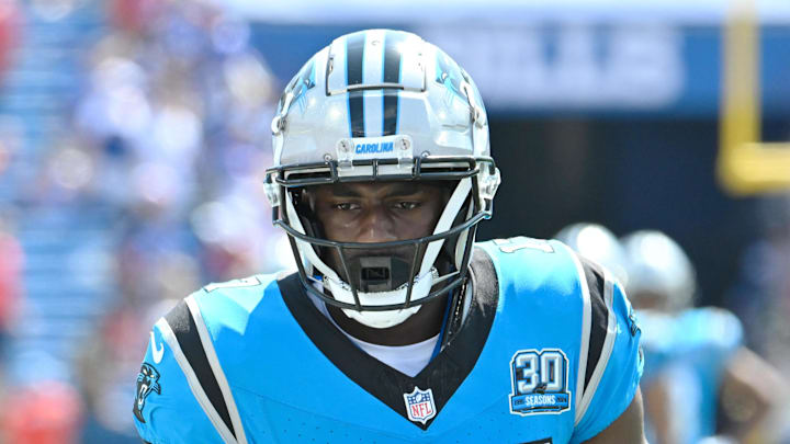 Aug 24, 2024; Orchard Park, New York, USA; Carolina Panthers wide receiver Xavier Legette (17) warms up before a pre-season game against the Buffalo Bills at Highmark Stadium. Mandatory Credit: Mark Konezny-Imagn Images