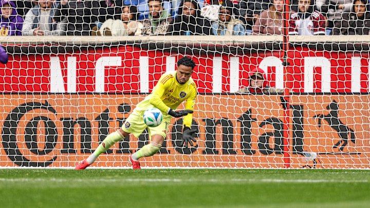 Mar 15, 2025; Harrison, New Jersey, USA; Orlando City goalkeeper Pedro Gallese (1) makes a save during the first half against the New York Red Bulls during the first half at Sports Illustrated Stadium. Mandatory Credit: Vincent Carchietta-Imagn Images