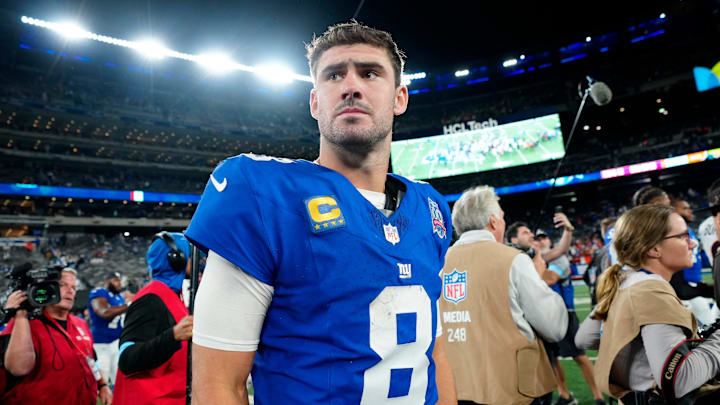 New York Giants quarterback Daniel Jones (8) is shown after Big Blue lost 17-7 against the Cincinnati Bengals, Sunday, October 13, 2024, in East Rutherford. New York Giants quarterback Daniel Jones (8) is shown after Big Blue lost 17-7 against the Cincinnati Bengals, Sunday, October 13, 2024, in East Rutherford.