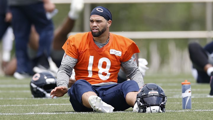 Jun 3, 2025; Lake Forest, IL, USA; Chicago Bears quarterback Caleb Williams (18) warms up during minicamp at Halas Hall. Mandatory Credit: Kamil Krzaczynski-Imagn Images