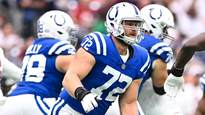 Sep 17, 2023; Houston, Texas, USA; Indianapolis Colts offensive tackle Braden Smith (72) in action during the first half against the Houston Texans at NRG Stadium. Mandatory Credit: Maria Lysaker-Imagn Images
