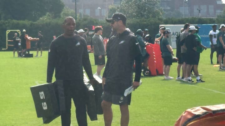 Eagles developmental assistant Patrick McDowell with offensive coordinator Kevin Patullo. Eagles developmental assistant Patrick McDowell with offensive coordinator Kevin Patullo.