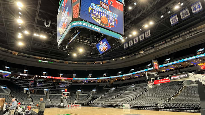 Dec. 22, 2025; St. Louis, Missouri, USA; A look at the court before the Missouri Tigers take on the Illinois Fighting Illini at the Enterprise Center.