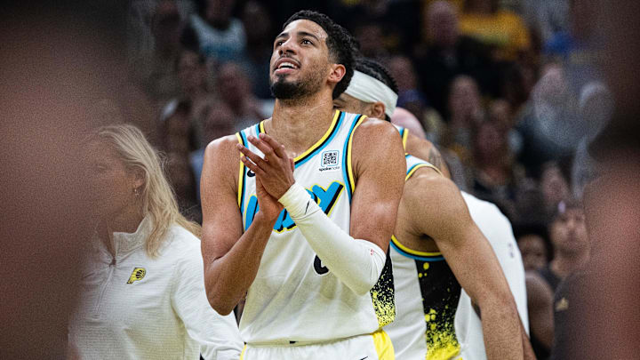 May 11, 2025; Indianapolis, Indiana, USA; Indiana Pacers guard Tyrese Haliburton (0) celebrates during game four of the second round for the 2025 NBA Playoffs against the Cleveland Cavaliers at Gainbridge Fieldhouse. Mandatory Credit: Trevor Ruszkowski-Imagn Images