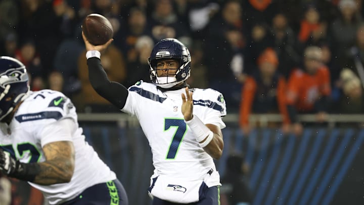 Dec 26, 2024; Chicago, Illinois, USA; Seattle Seahawks quarterback Geno Smith (7) throws a pass downfield during the first quarter against the Chicago Bears at Soldier Field. Mandatory Credit: Talia Sprague-Imagn Images