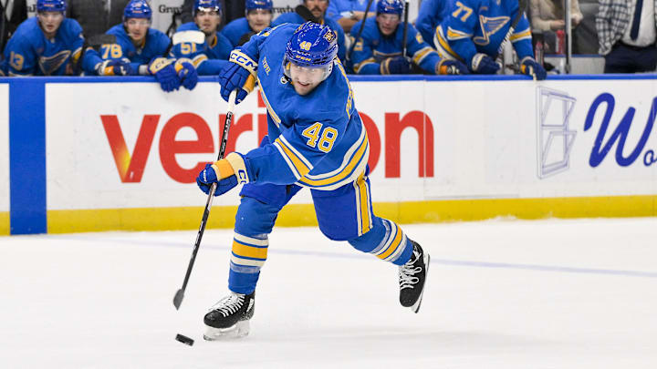 Nov 9, 2024; St. Louis, Missouri, USA;  St. Louis Blues defenseman Scott Perunovich (48) shoots against the Washington Capitals during the second period at Enterprise Center. Mandatory Credit: Jeff Curry-Imagn Images