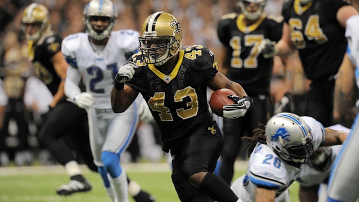 Jan 7, 2012; New Orleans Saints running back Darren Sproles (43) breaks a big gain against the Detroit Lions Jan 7, 2012; New Orleans Saints running back Darren Sproles (43) breaks a big gain against the Detroit Lions