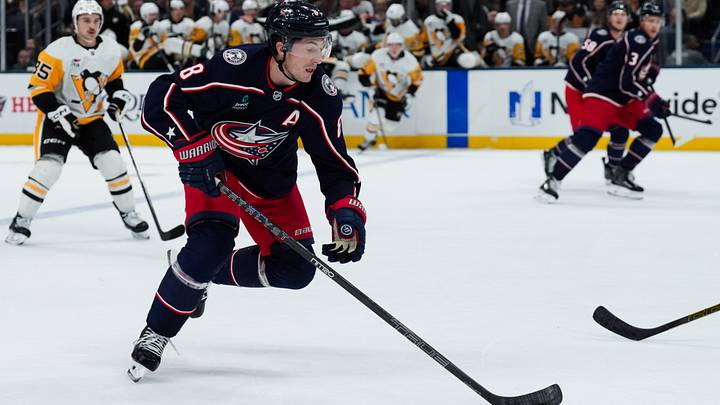 Sep 24, 2026; Columbus, Ohio, USA; Columbus Blue Jackets defenseman Zach Werenski (8) skates with the puck against the Pittsburgh Penguins in the first period at Nationwide Arena. Mandatory Credit: Aaron Doster-Imagn Images Sep 24, 2026; Columbus, Ohio, USA; Columbus Blue Jackets defenseman Zach Werenski (8) skates with the puck against the Pittsburgh Penguins in the first period at Nationwide Arena. Mandatory Credit: Aaron Doster-Imagn Images