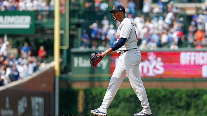 Aug 14, 2026; Chicago, Illinois, USA; St. Louis Cardinals relief pitcher George Soriano (65) reacts after giving up a three-run homr run to Chicago Cubs designated hitter Seiya Suzuki during the sixth inning at Wrigley Field. Mandatory Credit: Kamil Krzaczynski-Imagn Images