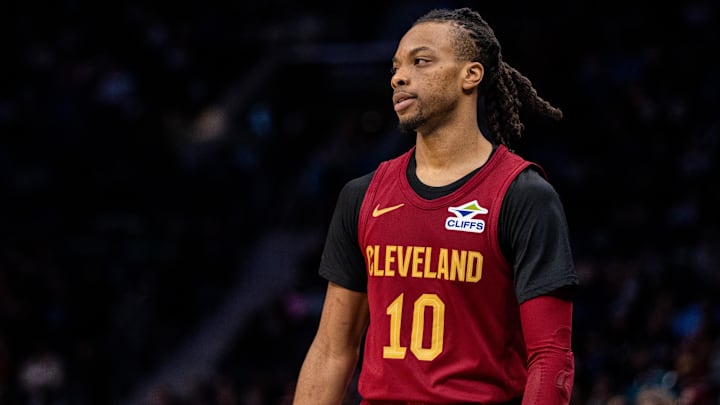 Mar 7, 2025; Charlotte, North Carolina, USA; Cleveland Cavaliers guard Darius Garland (10) looks on during the third quarter against the Charlotte Hornets at Spectrum Center. Mandatory Credit: Scott Kinser-Imagn Images