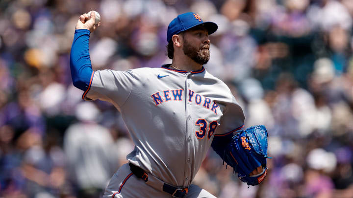 Jun 8, 2025; Denver, Colorado, USA; New York Mets starting pitcher Tylor Megill (38) pitches in the first inning against the Colorado Rockies at Coors Field. Mandatory Credit: Isaiah J. Downing-Imagn Images